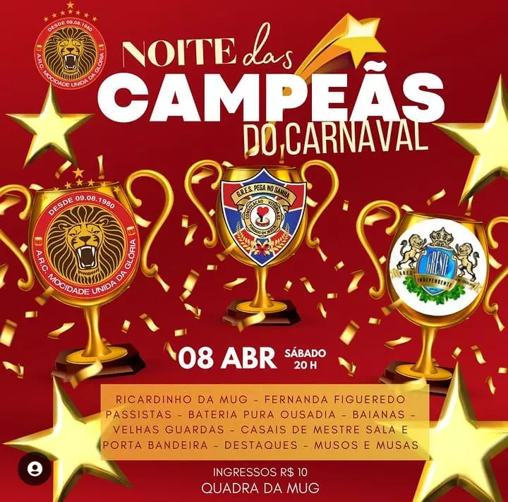 CAMPEÃ DO CARNAVAL CAPIXABA TERÁ NOITE DAS CAMPEÃS DIA (08) DE ABRIL